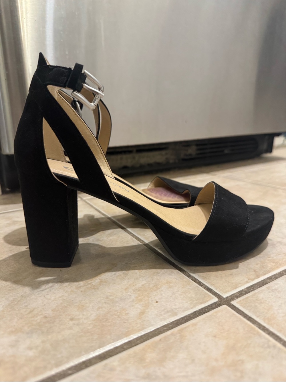 Chinese Laundry Black Suede Block Heel Sandals with Ankle Buckle